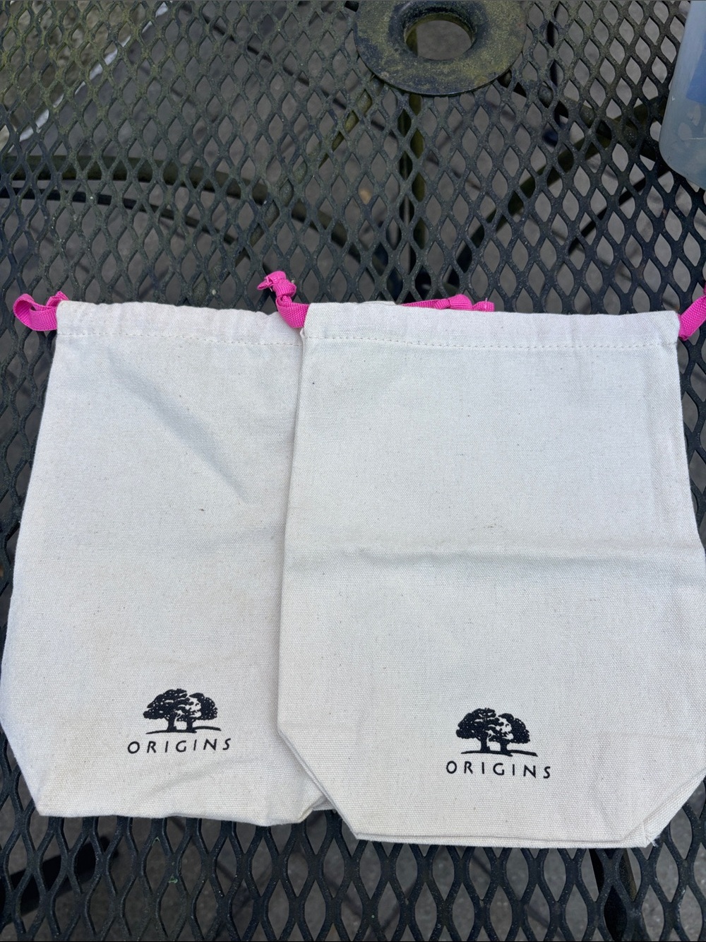 2-pc bundle Origins White Canvas Drawstring Pouches with Pink Ties (Pair)7×9 in